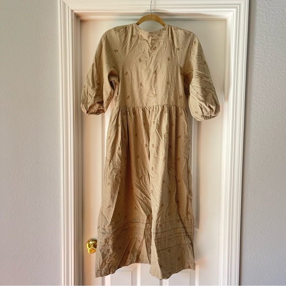 Madewell Green and White Gingham Embroidered Puff Sleeve Midi Dress with Pockets - Picture 4 of 4